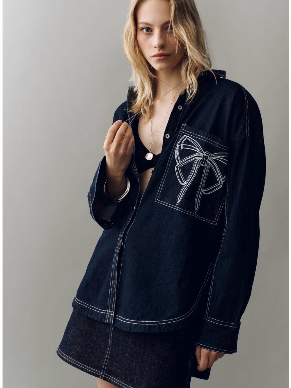 Anthropologie Pilcro Denim Embroidered Bow Shirt - XL
